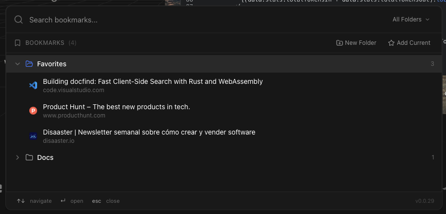 Bookmarks browser with folder organization and search